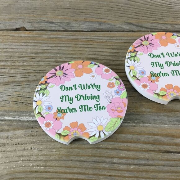 Don't Worry My Driving Scares Me Too Car Coasters Set of 2 - Picture 2 of 5
